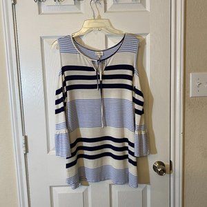 AVENUE Blue Striped Cold Shoulder Top